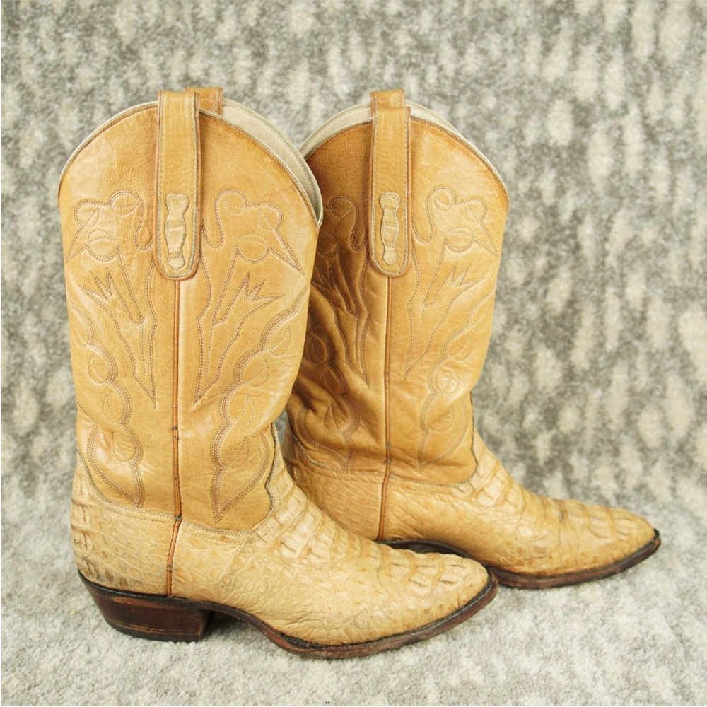 Vintage Handmade Genuine Crocodilian Leather Western Boots Tan Size 9.5 D - Picture 2 of 16